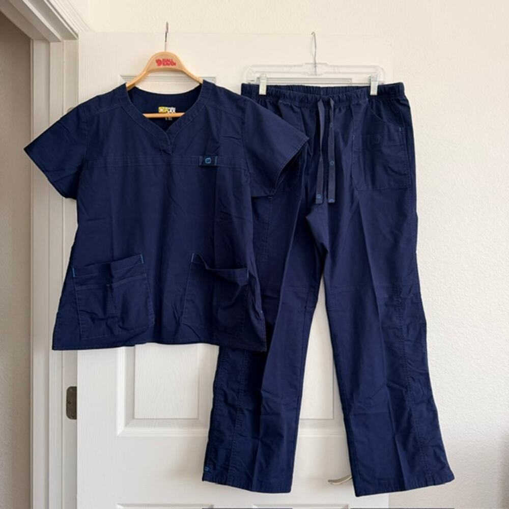 WonderFlex Scrub Set Navy Blue Drawstring Pockets Medical Hospital Women Large